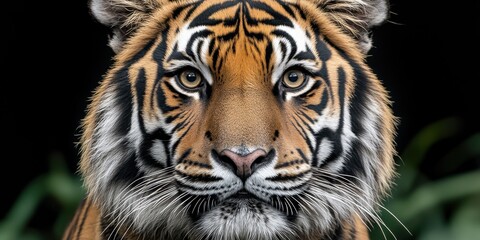 Fototapeta premium Majestic tiger displays striking features and captivating gaze while resting in lush surroundings during a serene afternoon