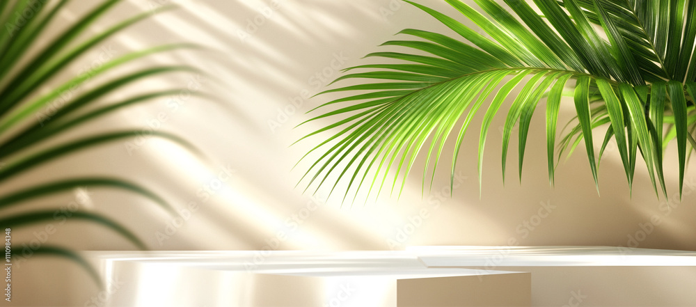 Poster bright tropical leaves cast shadows on a minimalistic white surface in a serene indoor setting