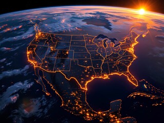 Satellite View of the United States at Night - Aerial View of the U.S. at Dusk