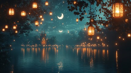 A Fantasy Lake with Hanging Lanterns, Magical Lights, and a Mystical Atmosphere

