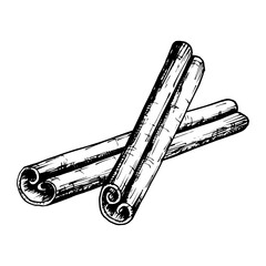 Hand drawn vector illustration of crossed cinnamon sticks in detailed black and white line art. Perfect for use in culinary, holiday and aromatic themed designs, packaging and creative projects.