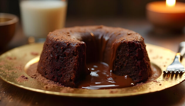 Chocolate Lava Cake it that has chocolate ganache liquid chocolate pouring out when sliced open on a solid 24k carat gold plate with large glass of cholate milk and perfectly placed utensils
