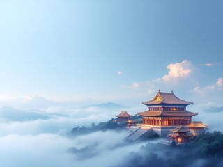 Temple on the Peak of Clouds - Golden Roof Shining in the Morning Light