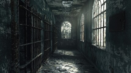 Desolate Interior of an Abandoned Institution with Decaying Walls, Rusty Bars, and Mysterious Light Filtering Through Broken Windows