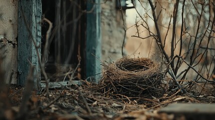 Abandoned Bird Nest Surrounded by Twigs and Dry Branches near an Old Weathered Door in a Forgotten Location