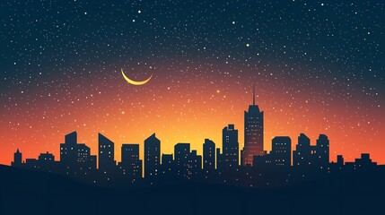 A Flat Vector Illustration of a City Skyline at Night with Illuminated Buildings

