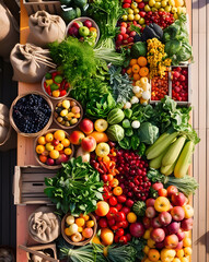 Colorful harvest bounty displayed on a wooden table with fresh fruits and vegetables in a vibrant marketplace setting © Shanon