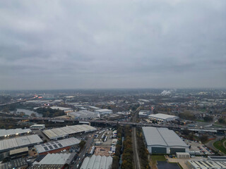 Fototapeta premium Aerial View of Birmingham Perry Barr Central City. Birmingham is a major city in England, West Midlands Region of United Kingdom. Drone's Camera Footage During Mostly Cloudy Day on November 4th, 2024