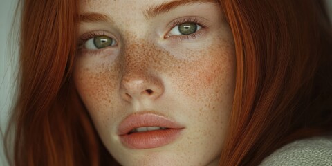 Beautiful portrait of a person with red hair and freckles in soft lighting highlighting natural beauty and skin tones