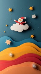 Naklejka premium Santa Flying Through the Night in a Vibrant Paper Cut Scene