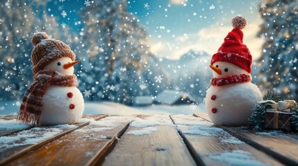 Obraz premium Snowmen in a winter landscape share a joyful moment as snowflakes gently fall around them in a serene snowy setting