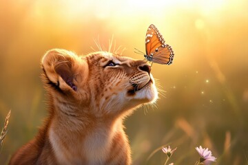 Obraz premium Young lion cub gazes at a delicate butterfly in a sunlit meadow during early morning hours