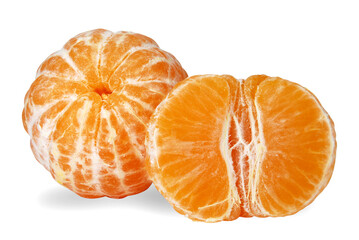 whole peeled tangerine and half of the fruit on a white background