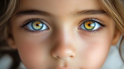 Fototapeta premium Unique close-up of a child's strikingly beautiful eyes revealing a mix of vibrant colors in natural light while displaying a calm and serene expression