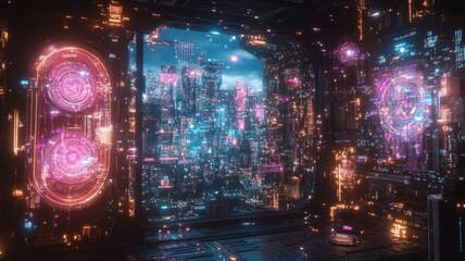 Fototapeta premium Futuristic cityscape viewed through a window in a neon-lit metallic chamber
