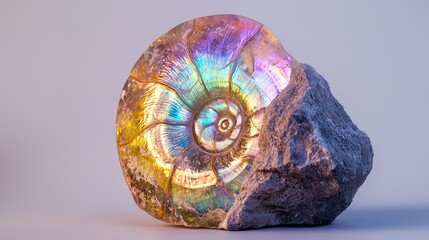 Stunning Rainbow Ammonite Fossil Displaying Vibrant Colors on a Neutral Background, Perfect for Nature, Science, or Art Enthusiasts in Need of Unique Visuals