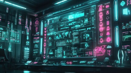 Obraz premium Futuristic control room with holographic displays showing data, graphs, and maps.