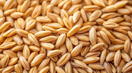 Wheat grains scattered on a surface showcasing their golden color and unique texture under natural light
