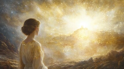 Naklejka premium Ethereal Woman Gazing at a Glowing Cityscape Under a Shimmering Cosmic Sky, Surrounded by Stars and Radiant Light in a Dreamlike Landscape