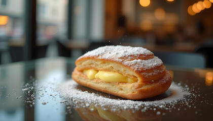 A delicate pastry with creamy filling and a dusting of powdered sugar, placed on a glass table with artistic reflections of a modern cafe ambiance.