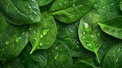 Background from fresh green spinach leaves with water drops. Texture of raw organic baby spinach close up. Food background