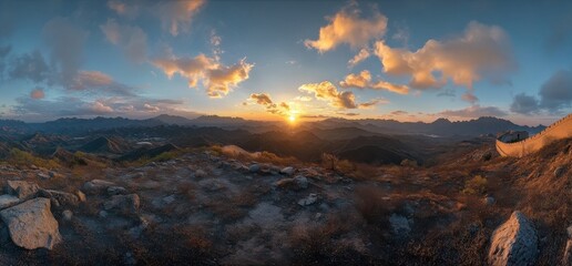 Breathtaking Panoramic View of Sunset Over Mountains and Hills with Colorful Clouds Near Great Wall, Capturing Nature's Tranquility and Beauty in Golden Hour