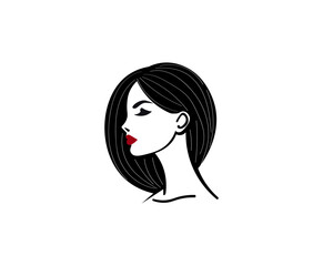 Vector illustration of black and white silhouette of a girl's face with curls and red lips