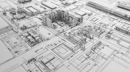 Fototapeta premium Detailed Architectural Blueprint of City Landscape Showing Complex Structures and Urban Planning Elements in a Monochromatic Design for Urban Development Projects
