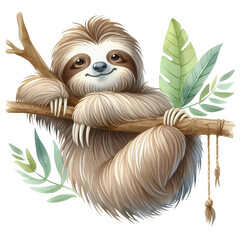 Obraz premium sloth watercolor painting sloth hanging on a branch png clipart cutout transparent isolated