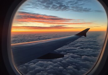 Obraz premium Breathtaking Sunsets Viewed from an Airplane Window Above a Sea of Clouds with Vibrant Colors and Tranquil Atmosphere at Dusk