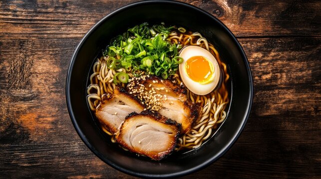Photo of, A hearty bowl of ramen noodles in a savory broth, topped with slices of tender pork belly