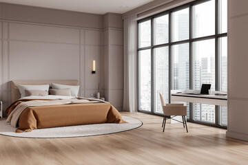 Modern bedroom interior with large windows and desk in a contemporary apartment. 3D Rendering