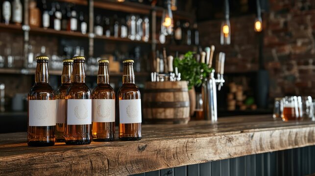 Cozy rustic bar scene featuring craft beer bottles, wooden counter, and vibrant ambiance, perfect for showcasing local brews and social gatherings, inviting atmosphere