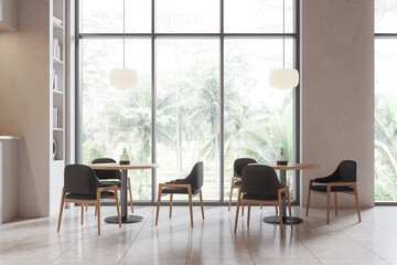 Modern dining area with round tables, stylish chairs, and large glass windows overlooking a lush green outdoor view. 3D Rendering
