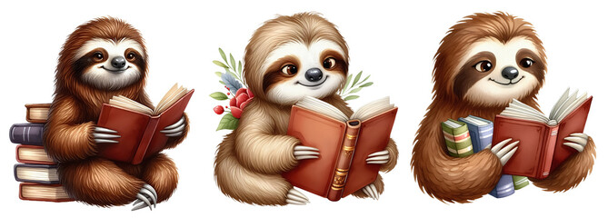 Fototapeta premium sloth watercolor painting sloth reading a book png clipart cutout transparent isolated