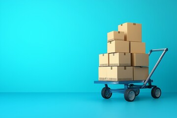 Hand truck with cardboard boxes on blue background