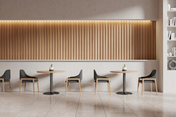 Modern cafe interior with wooden panel wall and minimalist furniture arrangement. 3D Rendering