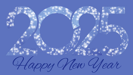 2025 Happy New Year. Winter holiday template with congratulatory text and date with snowy effect, frosty and icy numbers on colorful background. Horizontal format.