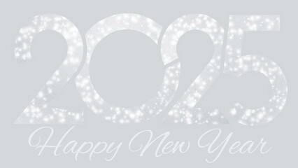 2025 Happy New Year. Winter holiday template with congratulatory text and date with snowy effect, frosty and icy numbers on colorful background. Horizontal format.