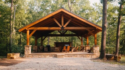 Obraz premium Wooden Pavilion with Stone Pillars in a Forest Setting
