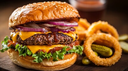 Photo of, A mouthwatering burger loaded with melted cheese, caramelized onions