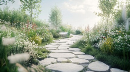 Obraz premium Stone Path Winding Through a Lush Flower Garden