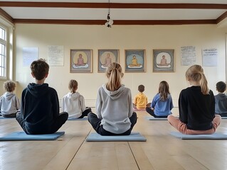 Fototapeta premium A group of children engaged in a calming meditation session in a serene classroom. They sit in silence, focusing on their breath, promoting mindfulness and emotional well-being.