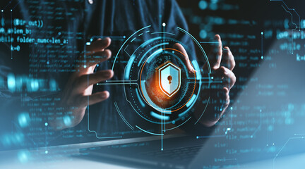 Hands holding digital shield lock symbol on a futuristic interface.