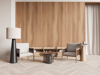 Minimalistic modern living room with wooden wall paneling, light furniture, and natural decor elements. 3D Rendering
