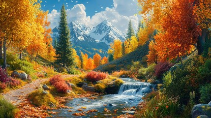 Obraz premium Vibrant Autumn Landscape with Colorful Foliage, Majestic Mountains, Flowing Stream, and Clear Blue Sky Under Bright Sunlight