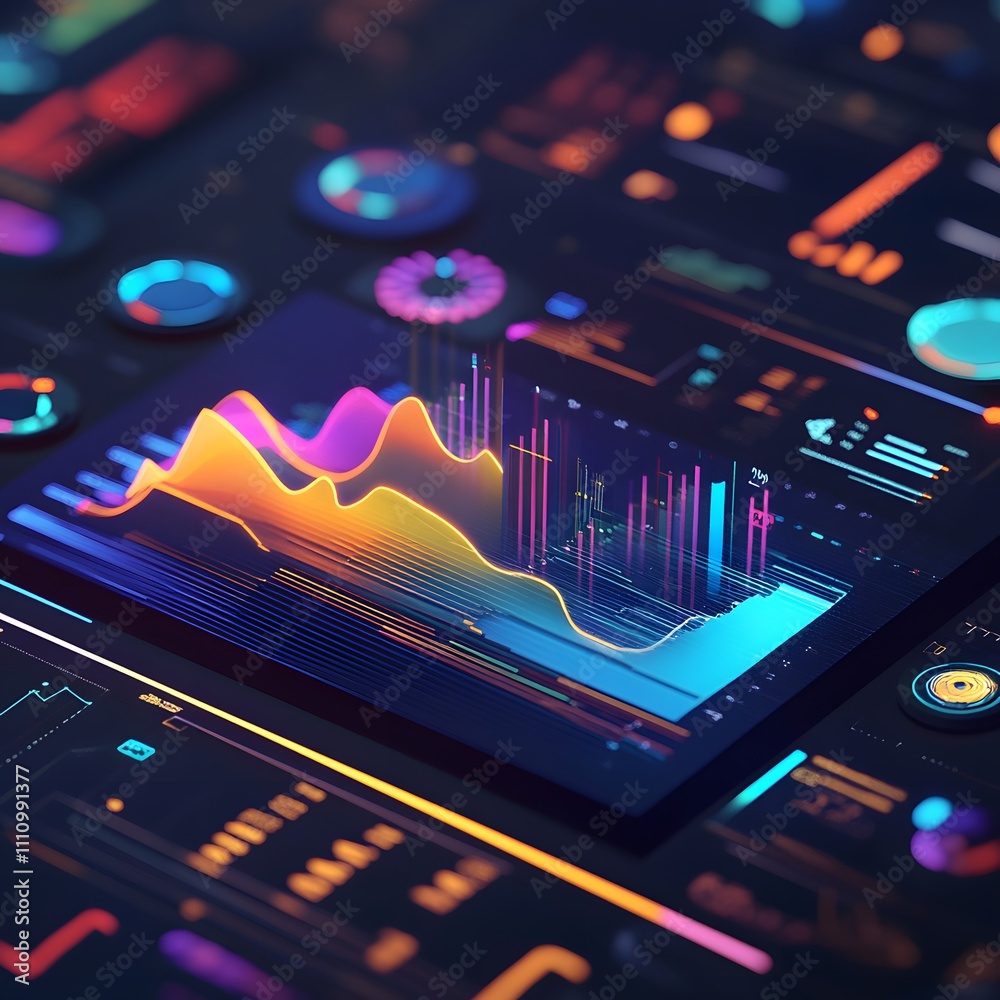 Poster a vibrant digital display of colorful data visualizations and graphs showcasing trends and analytics