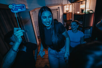 A lively group of friends having fun while celebrating a birthday at home. The atmosphere is filled with laughter and joy, as they enjoy each other's company in a festive setting.
