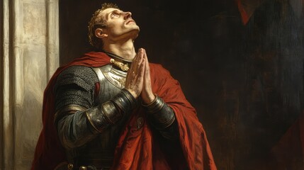 Dramatic Emotional Portrait of a Historical Warrior in Armor with Red Cloak Gazing Upwards, Depicting Themes of Valor, Faith, and Desperation in an Old World Setting