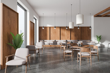 Modern cafe interior with wooden furniture, bright lighting, and neutral tones. 3D Rendering